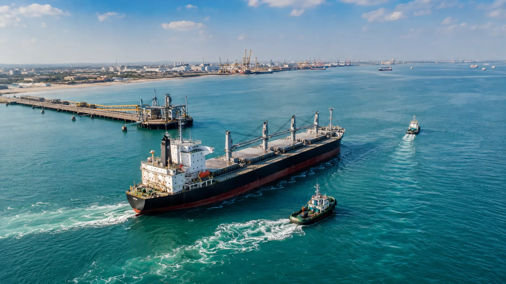 Bulk carrier under tug escort off an Indian commercial port