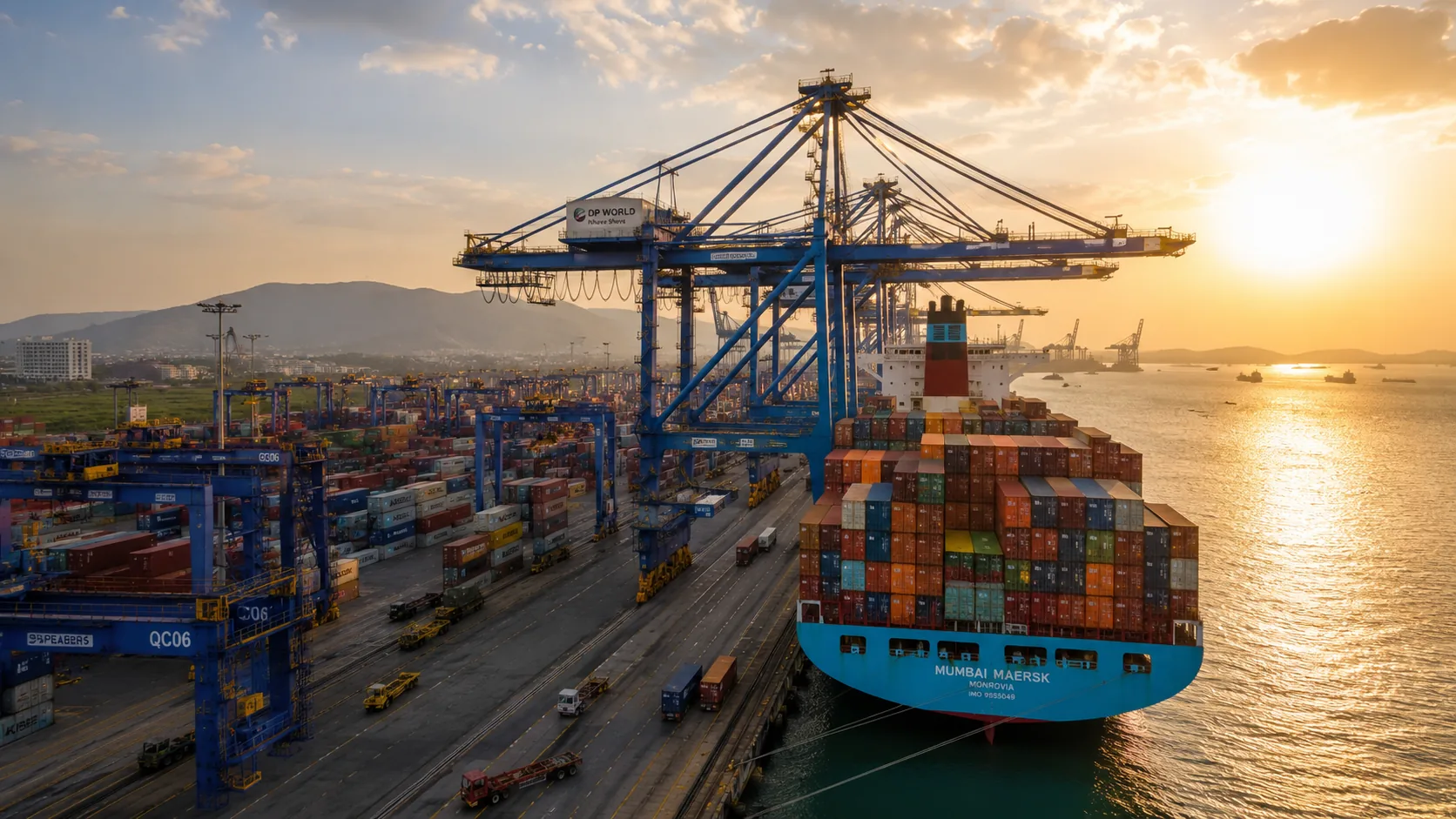 Container vessel loading at an Indian container terminal at sunset
