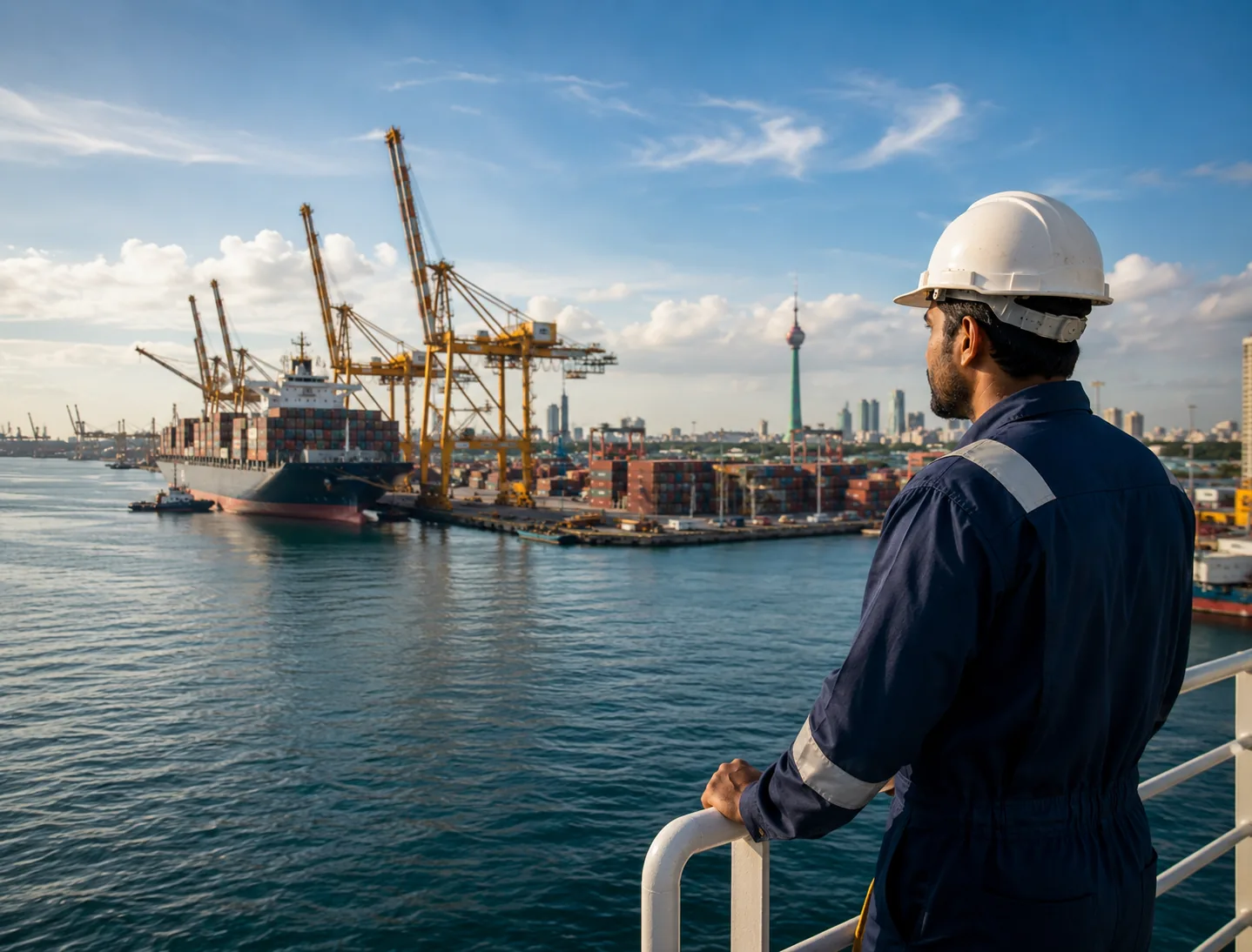 ARCSHIP marine officer overseeing a container vessel at the Port of Colombo, Sri Lanka