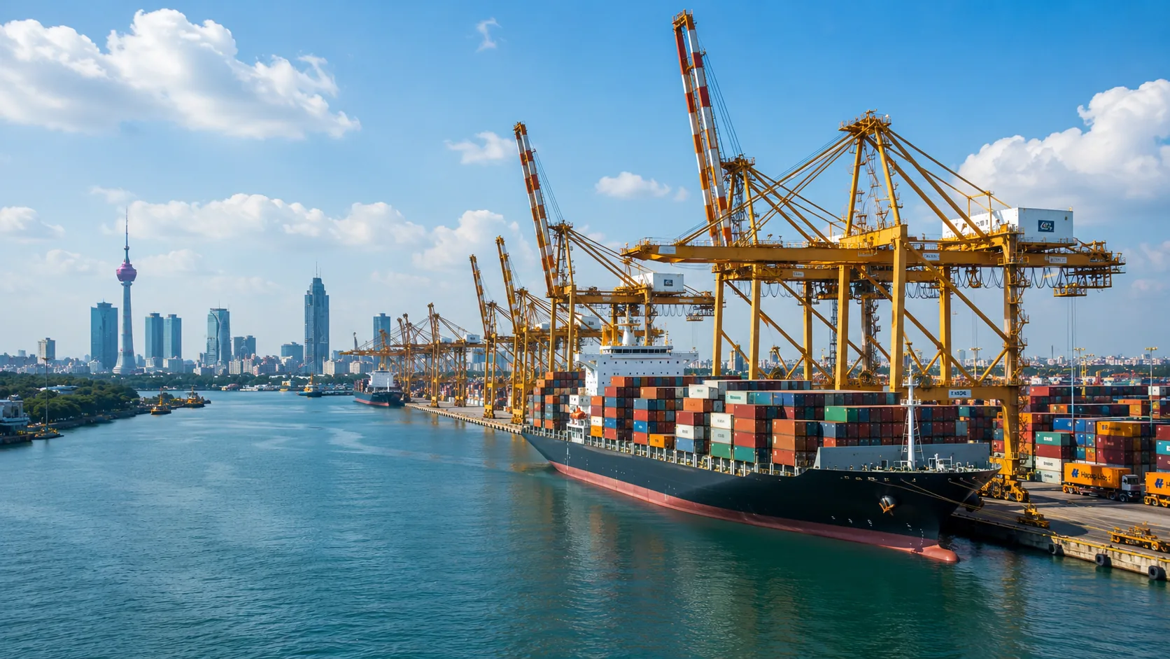 Container vessel and gantry cranes at the Port of Colombo, Sri Lanka