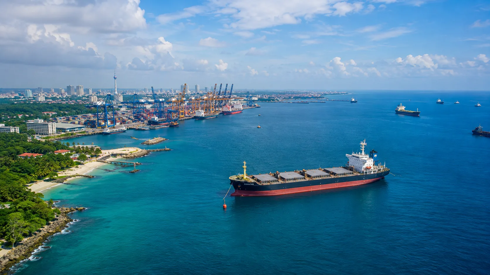 Aerial view of a cargo vessel off the Port of Colombo, Sri Lanka