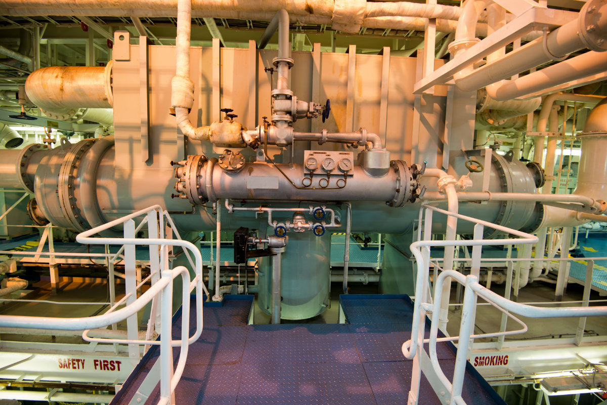 Vacum condenser in the engine room of the crude oil tanker.